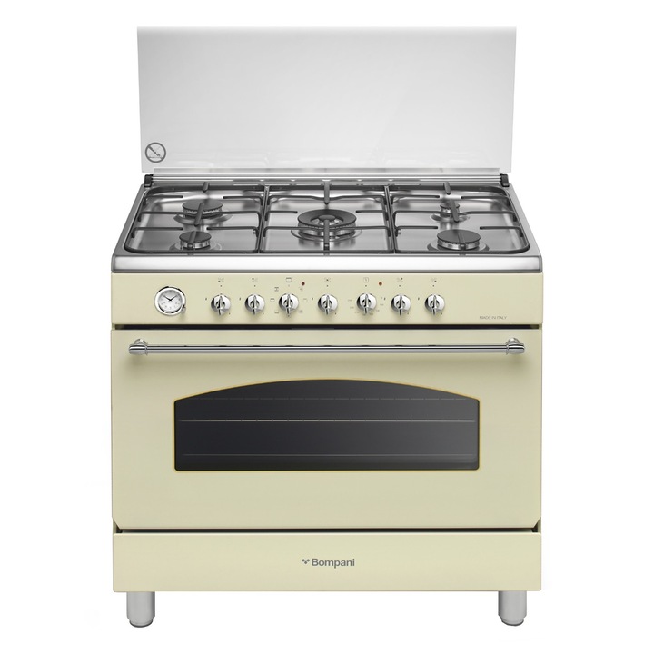 Aragaz Bompani, Belle Epoque, 90 cm, 5 arzatoare, clasa A, consum redus, gaz, grilaj email, cuptor electric 105 litri, aprindere electrica, sistem de siguranta Stop Gas, capac din sticla fumurie, cuptor cu 8 functii de gatit, crem