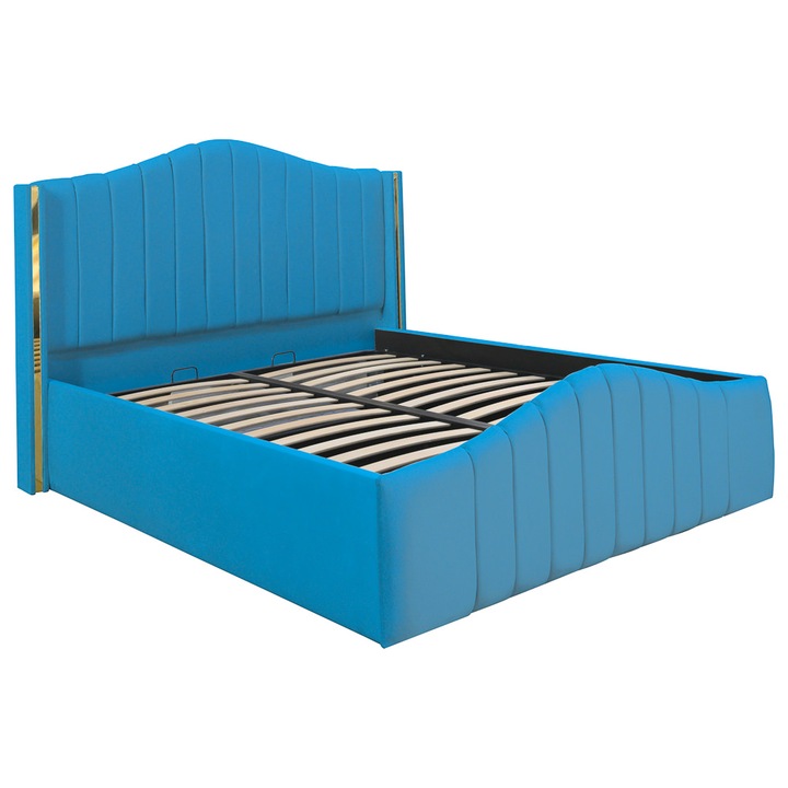 Pat dublu tapitat Alaska, 140/200 cm, albastru deschis cu benzi aurii, cu somiera metalica rabatabila si spatiu de depozitare