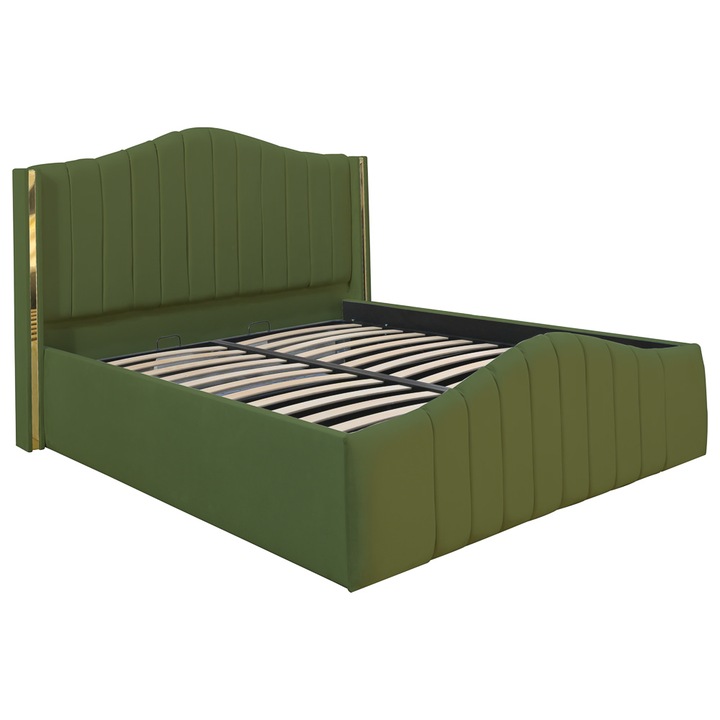 Pat dublu tapitat Alaska, 200/200 cm, kaki cu benzi aurii, cu somiera metalica rabatabila si spatiu de depozitare