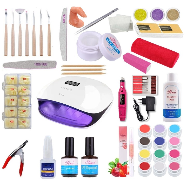 Kit Unghii False Cu Gel Uv, Nr.104, Lampa Led, 210 piese, Sela