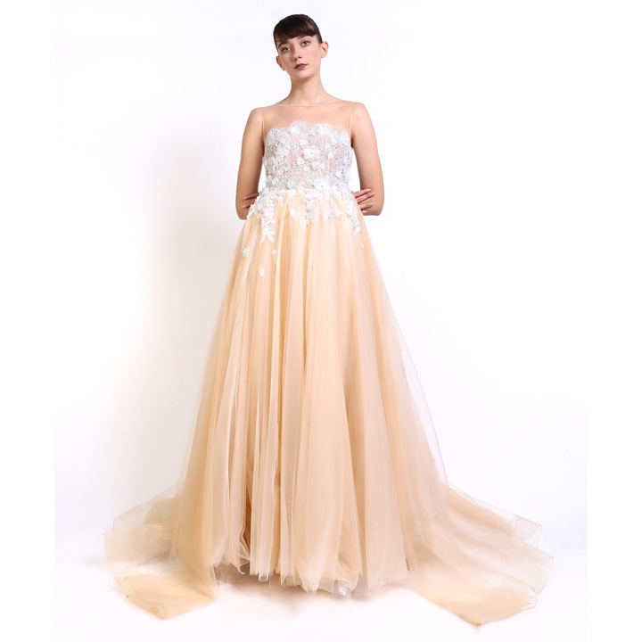 Булчинска рокля в бяла бродерия и нюд тюл Aria - 36