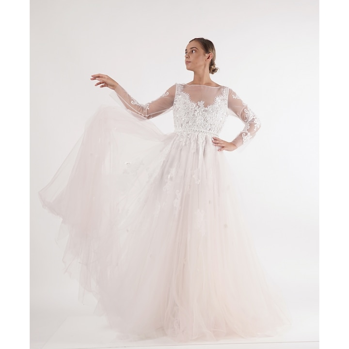 Rochie de mireasa din tul, dantela si broderie alb cu roz deschis Jasmine - 38