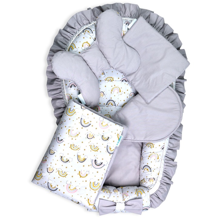 Set 5 piese Baby Nest Premium din Bumbac, curcubeu cu gri