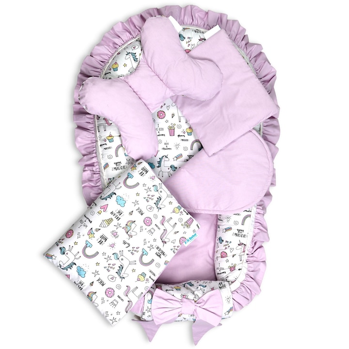 Set 5 piese Baby Nest Premium din Bumbac, unicorn cu roz deschis
