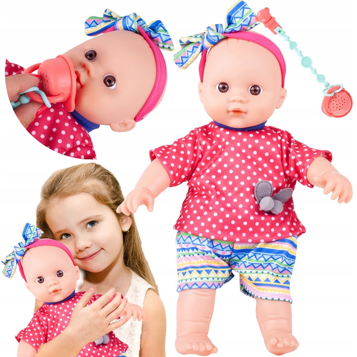 Papusa Bebelus pentru Copii, Lovely Baby, cu Cap, Maini si Picioare din Cauciuc, Corp Moale, Suzeta cu Sunete, Haine Detasabile, Indiggo, Inaltime 31cm, 3ani+, Pink Cherry