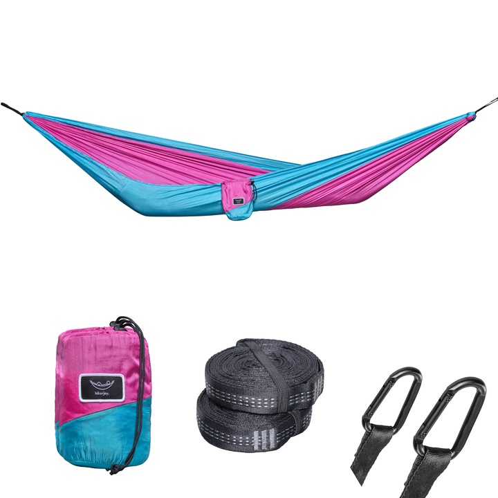 Hamac hikerjoy, din material tip parasuta, ultra usor, ultra portabil, excelent pentru camping, outdoor, backpacking, 270x140 cm, doua curele de prindere si carabine incluse, roz cu sky blue