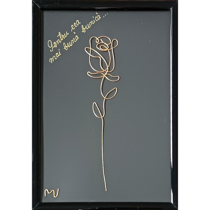 Tablou personalizat cu mesaj, Pentru cea mai buna bunica, sculptura din din fir continuu de sarma placata cu aur, 14×19 cm
