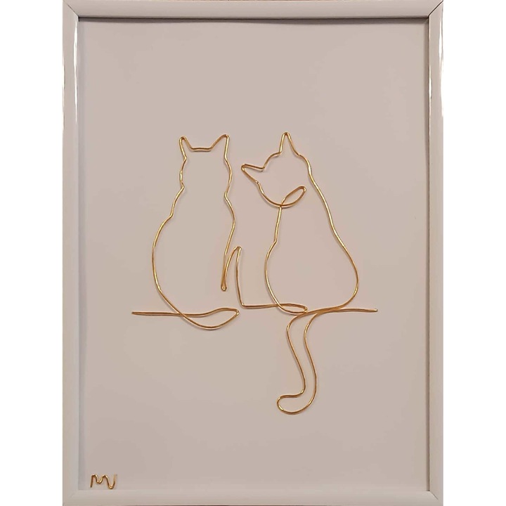 Tablou 2 pisicute, sculptura din fir continuu de sarma placata cu aur, 19x25 cm