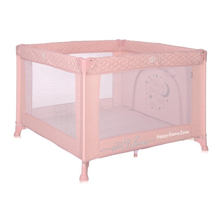 Tarc de Joaca Lorelli Happy Game Zone, 100 x 100 x 74 cm, 0 luni - 3 ani, maxim 15 Kg, mecanism dublu de siguranta, Mellow Rose Star