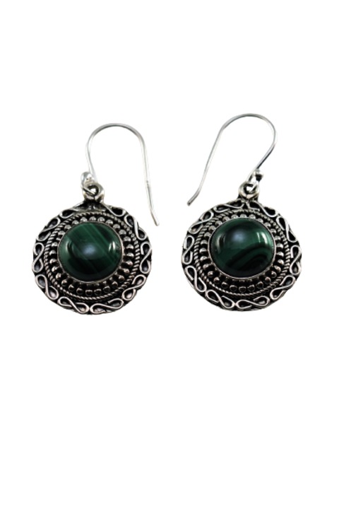 Cercei din argint 925 TSR cu pietre naturale, malachit model 3 rotund