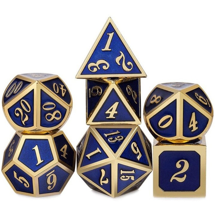 7 darabos kockakészlet, RPG, fém, kék/arany
