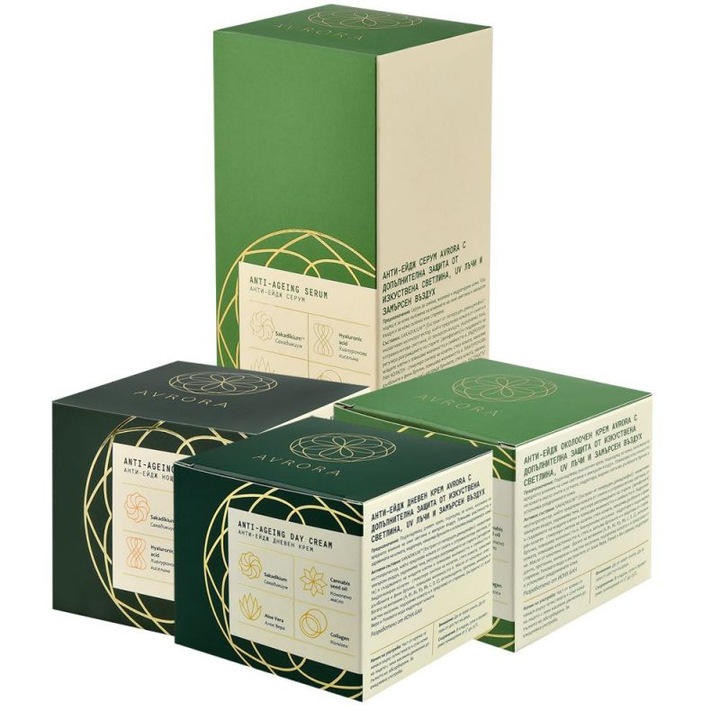 Комплект кремове, NOVA COSMETICS, AVRORA, Дневен крем, Нощен крем, Околоочен крем, Серум, Анти-ейдж, Със защита от изкуствена светлина, UV лъчи и замърсен въздух, 4 бр