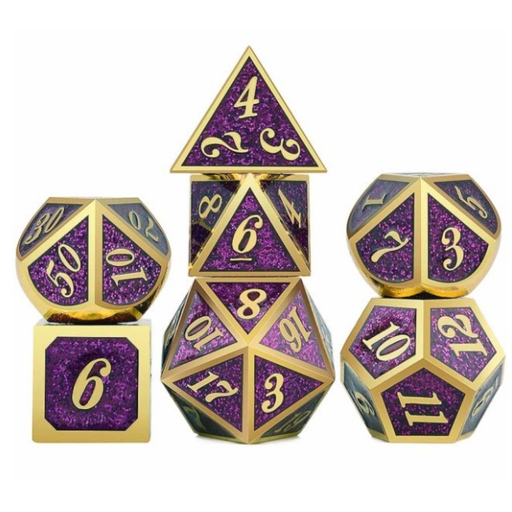 7 darabos kockakészlet, RPG, fém, lila/arany
