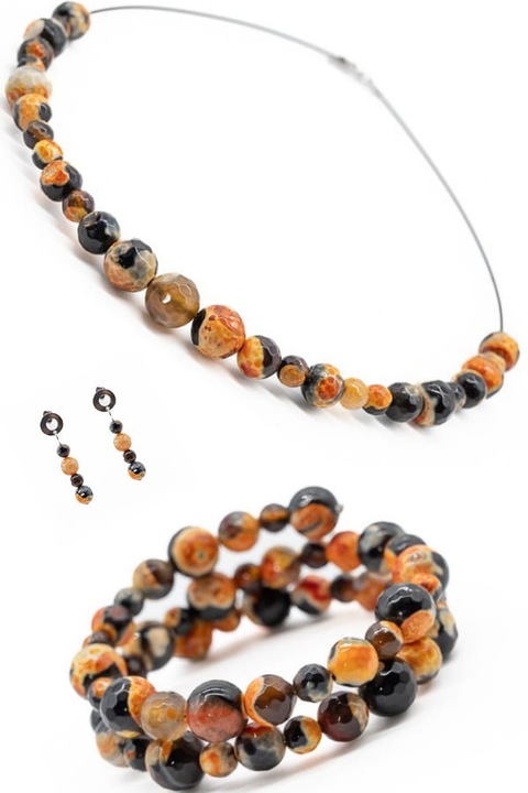 Set Bijuterii, UNICAT, Ma Bijoux, Black Fire, Colier/Bratara/Cercei, Pietre semipretioase Agat, Portocaliu