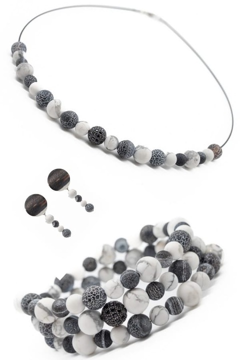 Set Bijuterii, UNICAT, Ma Bijoux, Frosted B&W, Colier/Bratara/Cercei, Pietre semipretioase Agate, Negru si Alb