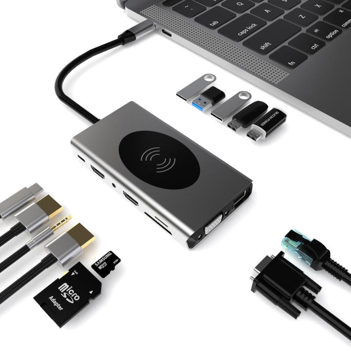 Adapter, dokkoló állomás 14 az 1-ben, wireless töltés, USB-C csatlakozás laptophoz vagy PC-hez, 2x 4k HDMI, 1x 1000Mbps Gigabit Ethernet port,1x VGA port, 5 x USB3.0, 1x USB-C Data Port, 1 x SD kártyaolvasó, 1x TF kártya, 1 x 3.5mm audio, Szürke