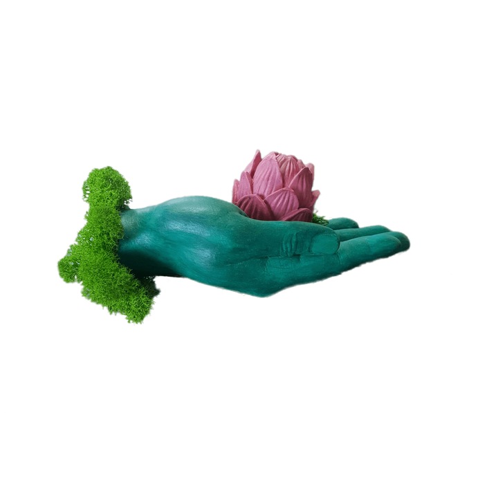 3D декорация с естествени лишеи/мъх, Hand of Peace, 23 x 10 x 9 cm, Grelys Print, ръчно рисувана, свети в тъмното