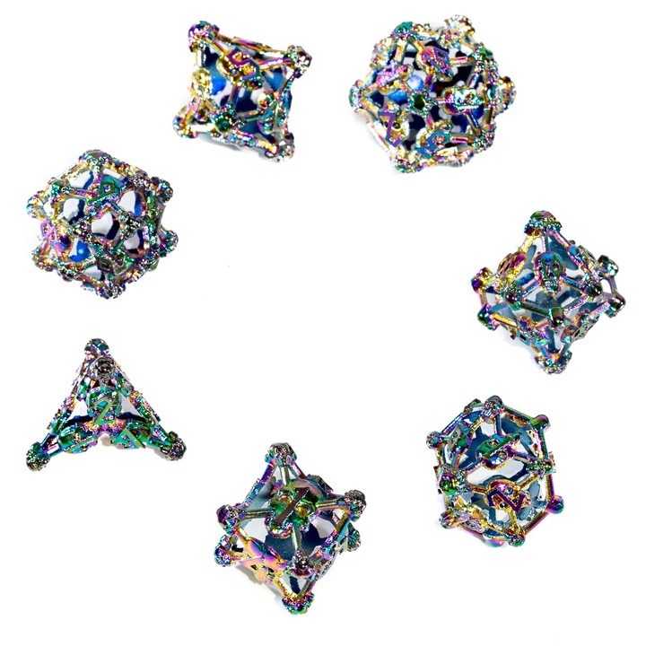 7 dobókocka készlet, RPG, koponyák, fém, többszínű