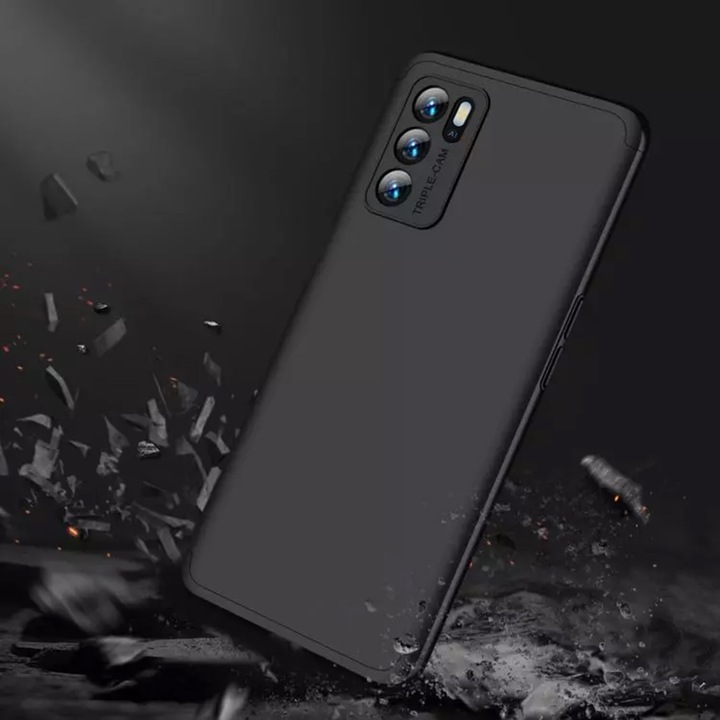 AZIAO 360° капак за Oppo A16 / A16s / A54s, супер тънък калъф, интелигентен дизайн, пълна защита, капак на екрана, включено фолио, комплект всичко в едно, черен