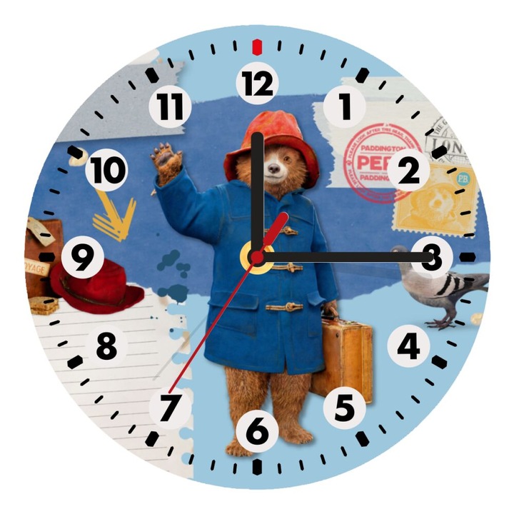 Ceas de perete cu quartz, Model cu Ursul Paddington, Lemn MDF, 20 cm, Multicolor