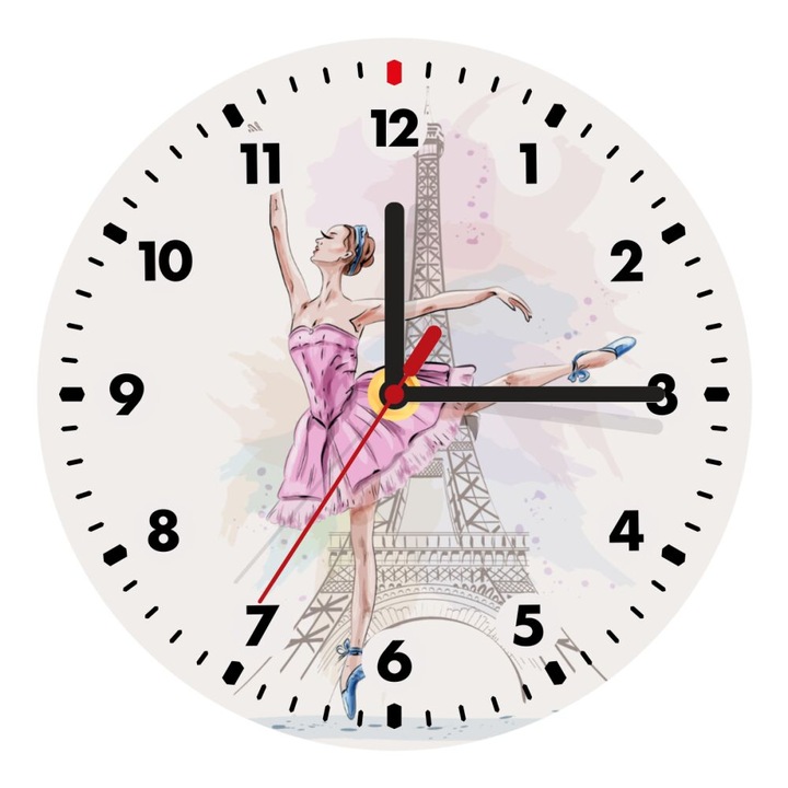 Ceas de perete cu quartz, Model cu balerina in Paris, Lemn MDF, 20 cm, Multicolor