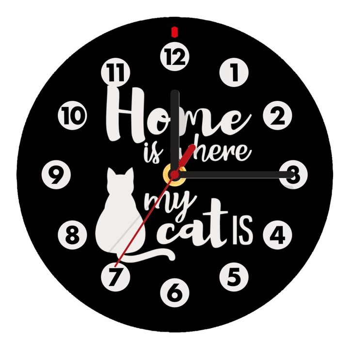 Ceas de perete Home is where my cat is, MDF, 20 cm, Alb/Negru