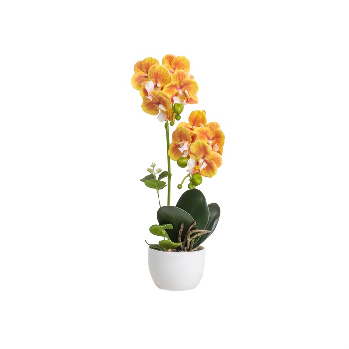 Orhidee cu aspect natural in ghiveci ceramic alb, diametru 9cm, H 36 cm / CD5148_Galben