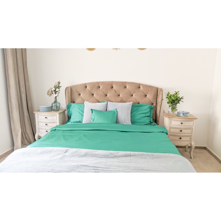 Set lenjerie de pat, din Bumbac Satinat, Double, 180x220 cm, 6 piese, Verde