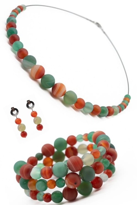 Set Bijuterii, UNICAT, Ma Bijoux, Autumn Dream, Colier/Bratara/Cercei, Pietre semipretioase Agat, Caramiziu si Verde