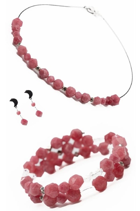 Set Bijuterii, UNICAT, Ma Bijoux, Pink Dream, Colier/Bratara/Cercei, Pietre semipretioase Rodonit, Roz