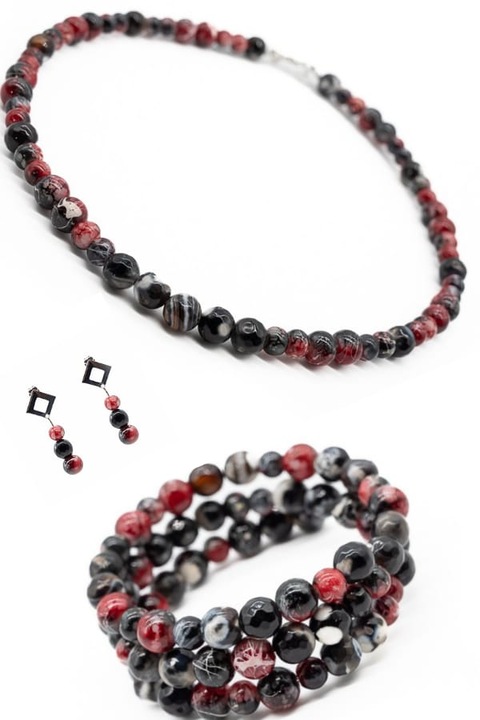 Set Bijuterii, UNICAT, Ma Bijoux, Gothic, Colier/Bratara/Cercei, Margele de sticla pictate, Burgundy