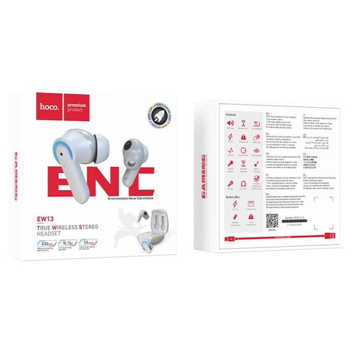 Bluetooth fülhallgató játékhoz, led game, TWS, ENC, Bluetooth 5.1 EW13, szürke