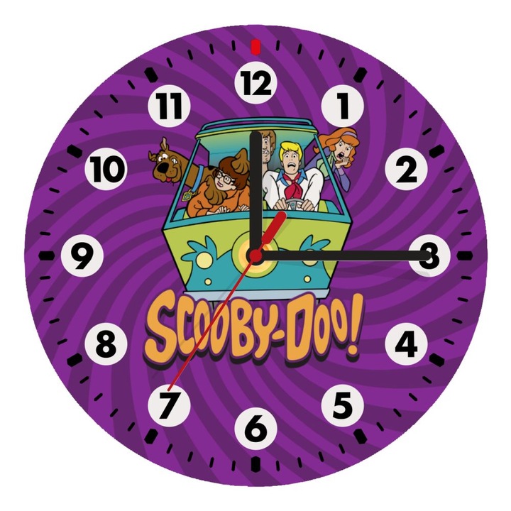 Ceas de perete cu quartz, Model cu masina Scooby-Doo, Lemn MDF, 20 cm, Multicolor