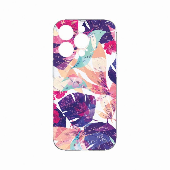 Husa BestCase®, Compatibila Cu Apple iPhone 14 Pro, Tropical Flowers, Rezistenta la uzura, Protectie camera, Transparent Silicon Series, c-TR 71