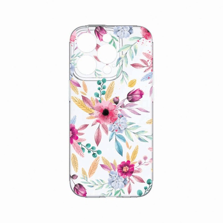 Husa BestCase®, Compatibila Cu Apple iPhone 14 Pro Max, Happy Flowers, Rezistenta la uzura, Protectie camera, Transparent Silicon Series, c-TR 69