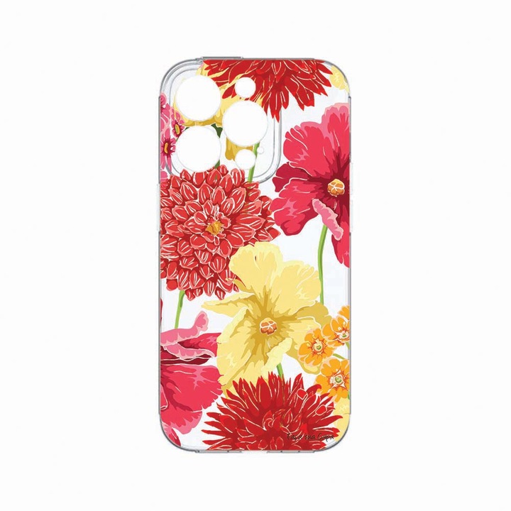 Husa BestCase®, Compatibila Cu Apple iPhone 14 Pro, Red Yellow Flowers, Rezistenta la uzura, Protectie camera, Transparent Silicon Series, c-TR 634