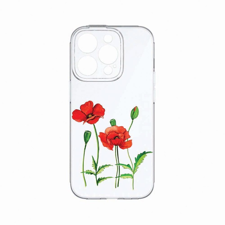 Husa BestCase®, Compatibila Cu Apple iPhone 14 Pro, Red Poppy, Rezistenta la uzura, Protectie camera, Transparent Silicon Series, c-TR 643