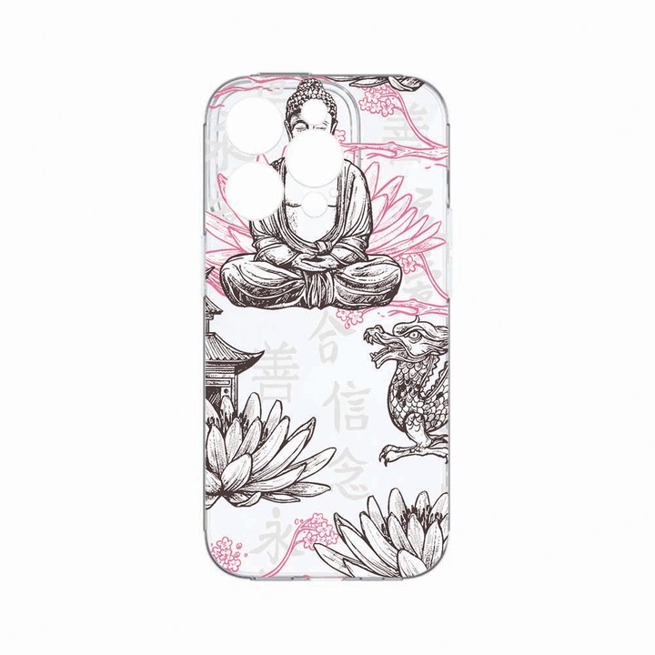 Husa BestCase®, Compatibila cu Apple iPhone 14 Pro, Buddha, Rezistenta la uzura, Protectie camera, Transparent Silicon Series, c-TR 768