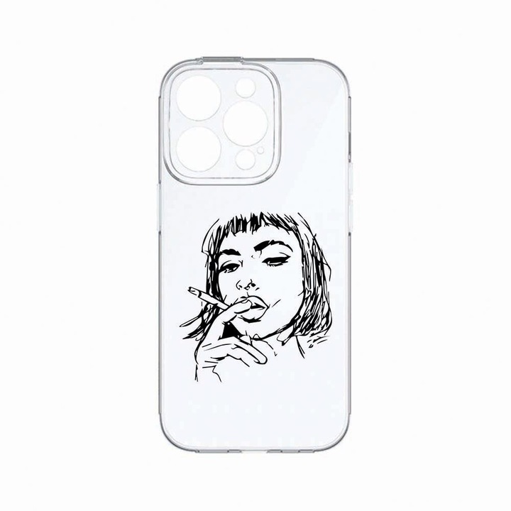 Husa BestCase®, Compatibila cu Apple iPhone 14 Pro, Smoking Woman, Rezistenta la uzura, Protectie camera, Transparent Silicon Series, c-TR 749