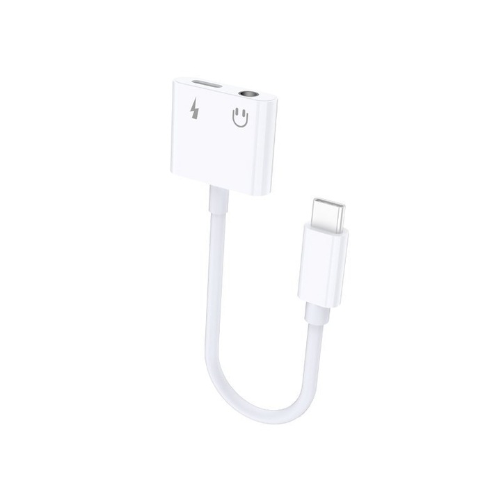 USB Type-C аудио/зареждащ адаптер към 1 x USB Type-C женски и 1 x 3,5 мм жак, 15 см, бял, HUR-BBL7351