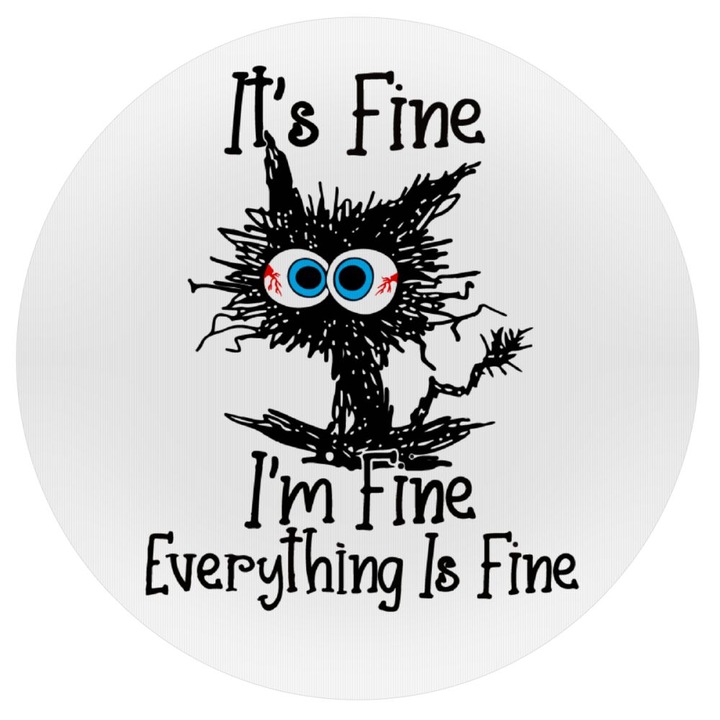 Mousepad rotund, Silicon, Model cu pisica, 20 cm, Alb/Negru