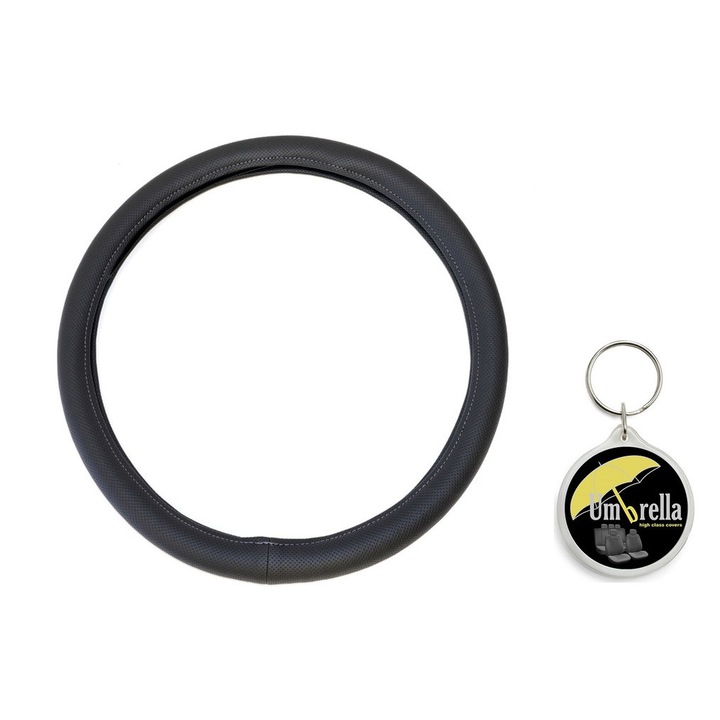 Set husa volan, Piele Ecologica Gri 40-42 Cm Umbrella, Cusatura alba, Model cu gauri cu Breloc Umbrella