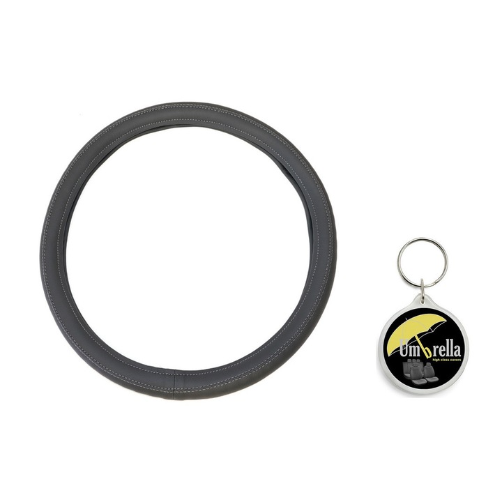 Set husa volan, Piele Ecologica Gri 40-42 Cm Umbrella, Cusatura alba, Model compact cu Breloc Umbrella