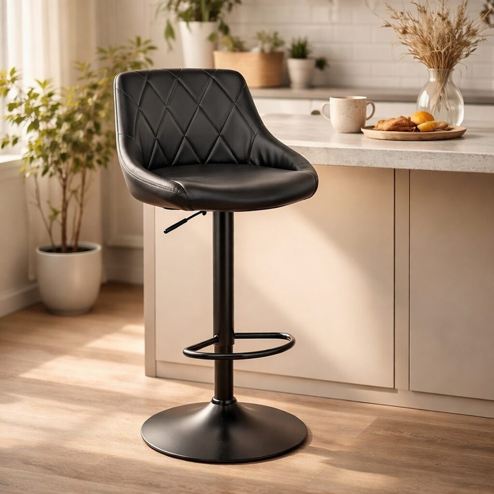 Scaun de bucatarie/bar, Artool, Kast, rotativ, piele ecologica neagra, picior metal negru, 45.5x48.5x85-105 cm