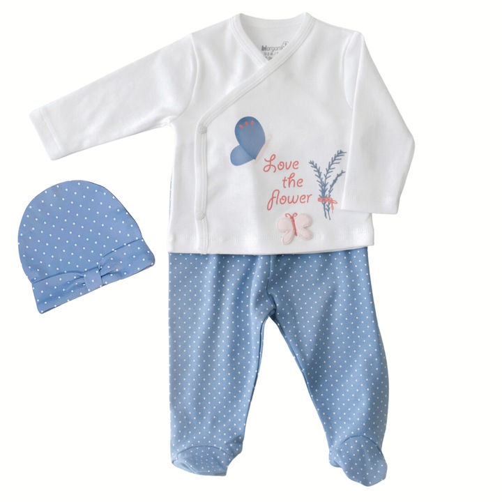 Compleu 3 piese Bumbac Organic Certificat, Bleu-Alb