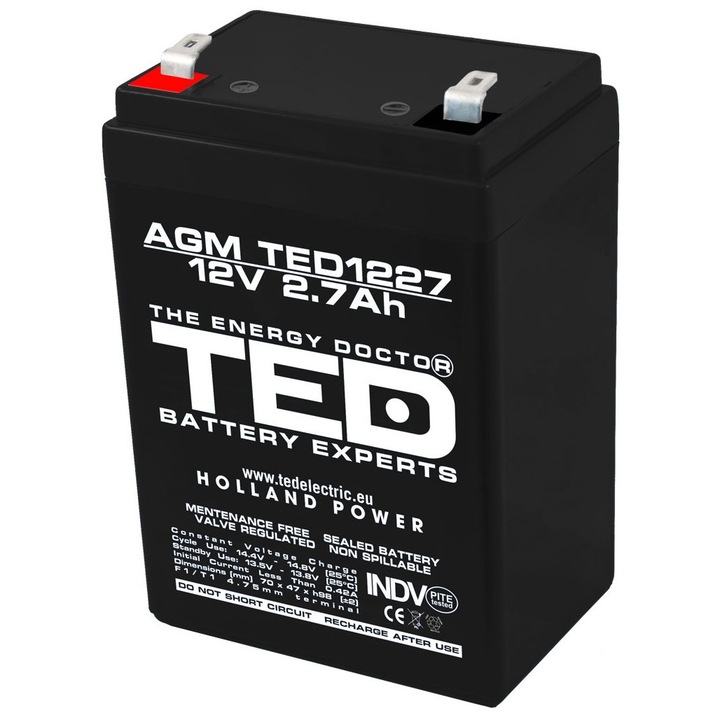 AGM VRLA батерия, 12V 2.7A, размери, 70mm x 47mm xh 98mm, TED Battery Expert Holland