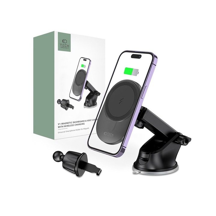 Tech-Protect Qi vezeték nélküli, szellőzőrácsba illeszthető/műszerfalra szerelhető autós tartó/gyorstöltő MagSafe vezeték nélküli funkcióval - Tech-Protect MM15W-V1 - fekete