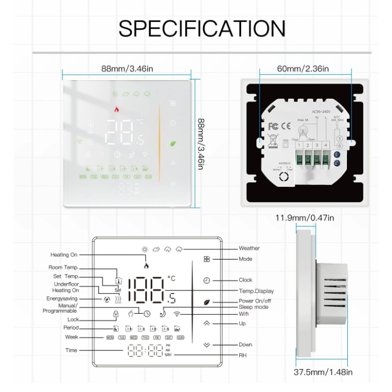 Termostat Smart Sticla WiFi incalzire in pardoseala, Precizie ±0.5 °C ...