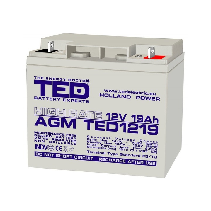 Акумулатор AGM VRLA 12V 19A High Rate 181mm x 76mm xh 167mm F3 TED Battery Expert Holland TED002815 (2)