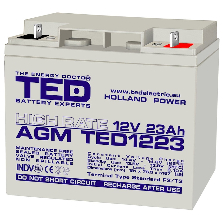 Акумулатор AGM VRLA 12V 23A, High Rate, 181mm x 76mm xh 167mm, F3, TED Battery Expert Holland